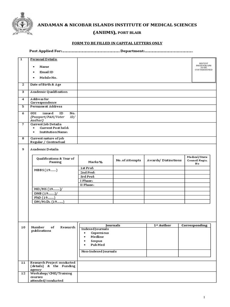 ANIIMS Medical Job Application Form | PDF | Doctor Of Medicine