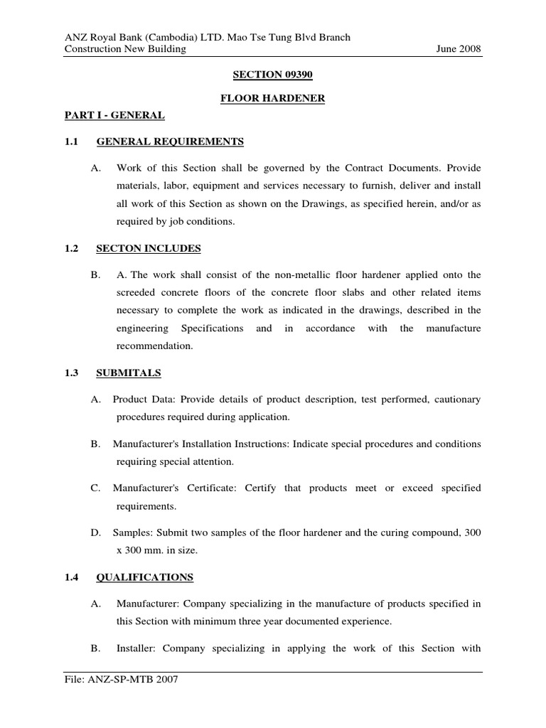 SECTION 09390 Floor Hardener Part I General General Requirements