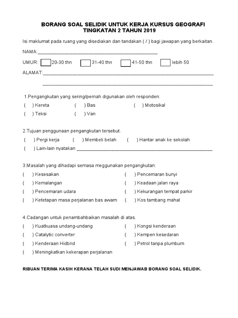 Borang Soal Selidik Untuk Kerja Kursus Geografi Pdf