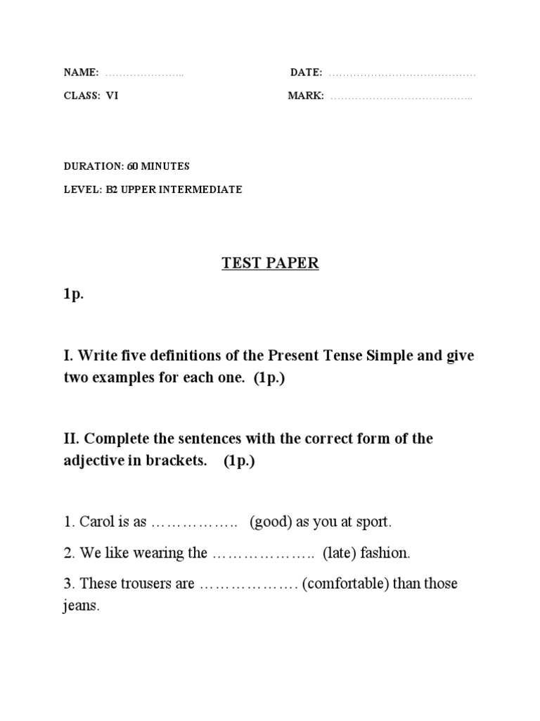 Test Paper - Class 6 | PDF | Syntax | Grammar