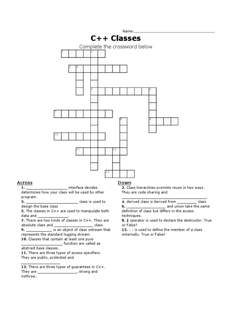 C++ Classes Crossword Class Interfaces, Inheritance, and Access Specifiers PDF