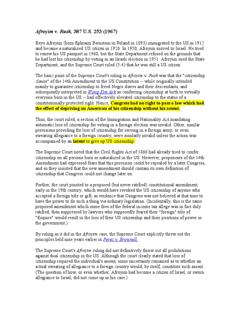 Afroyim Vs Rusk | PDF | Naturalization | Fourteenth Amendment To The ...