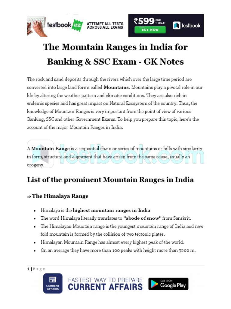 The Mountain Ranges in India For Banking & SSC Exam GK Notes PDF