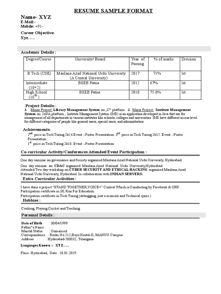 Resume Sample Format Name XYZ - 1714309268