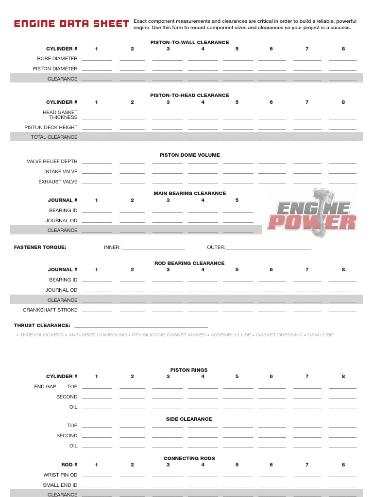 Engine component measurements and clearances data sheet | PDF | Piston ...