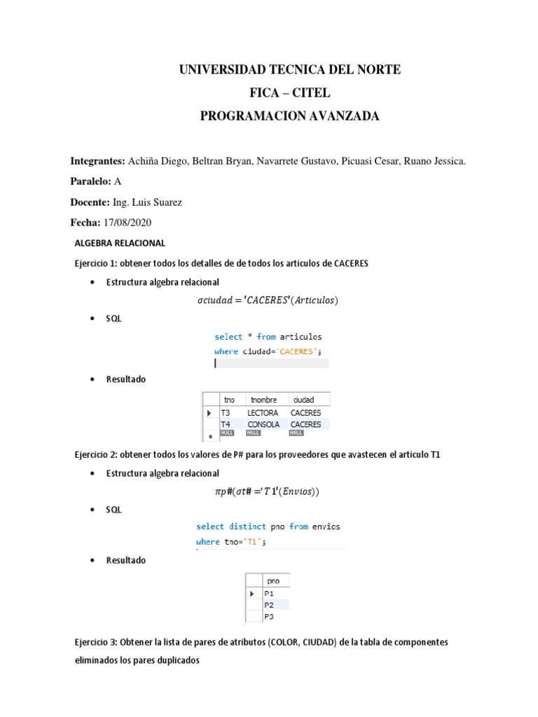 Ejercicios de Álgebra Relacional en SQL | PDF | SQL | Gestión de datos