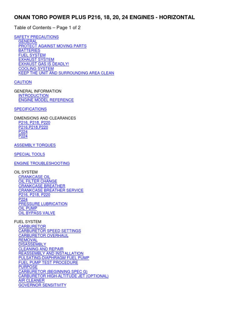 Onan P216, P218, P220, P224 Service Manual | Carburetor | Piston