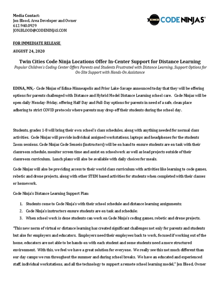 Code Ninjas Virtual Distance Assistance Press Release | PDF | Distance ...