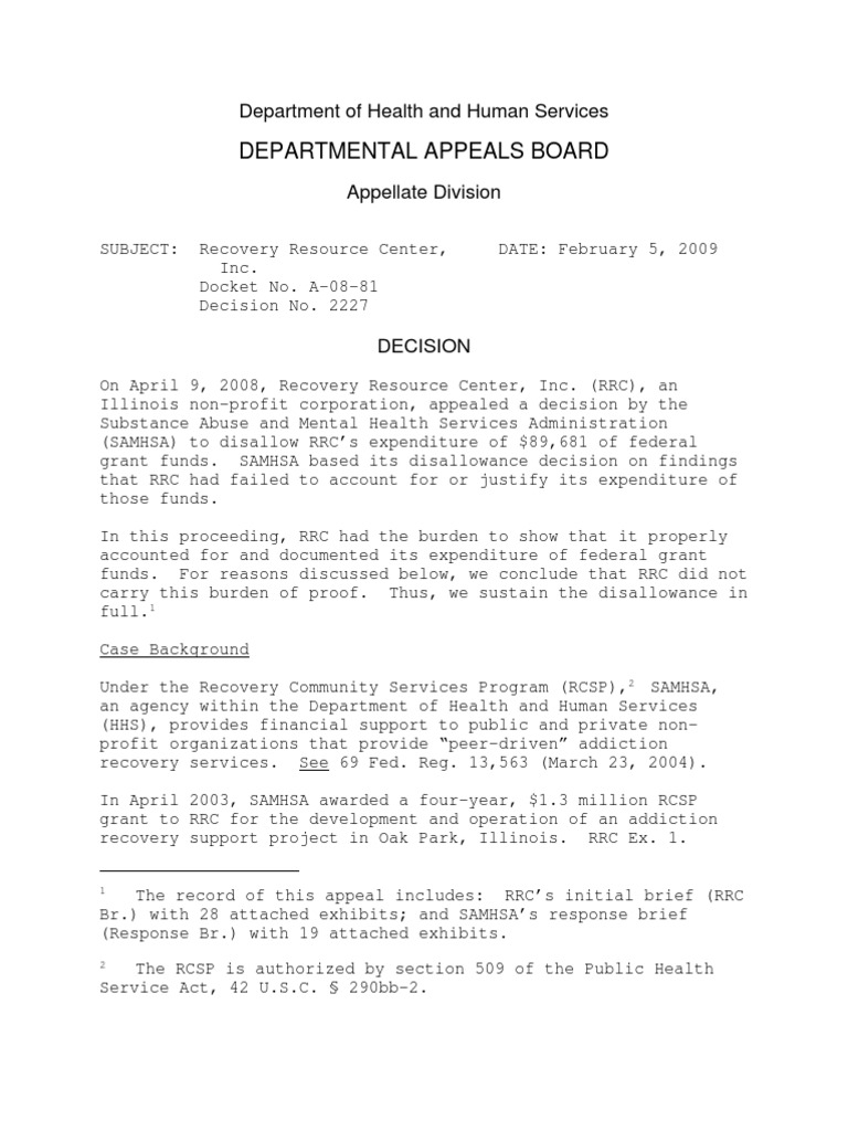 Departmental Appeals Board DAB2227 Recovery Resource Center, Inc. (02.