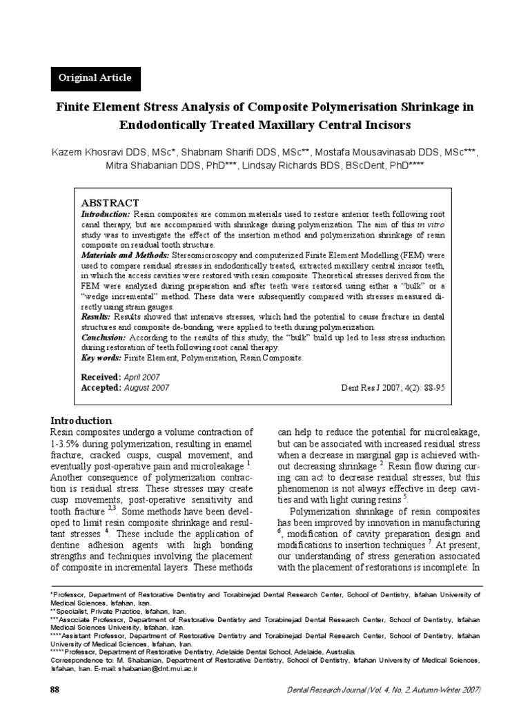 Stress Analysis of Resin Composite Shrinkage | PDF