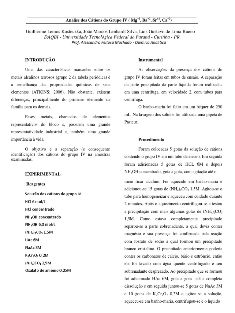 Análise Dos Cátions Do Grupo IV (Mg+2, Ba+2, Sr+2, Ca+2) - Química ...