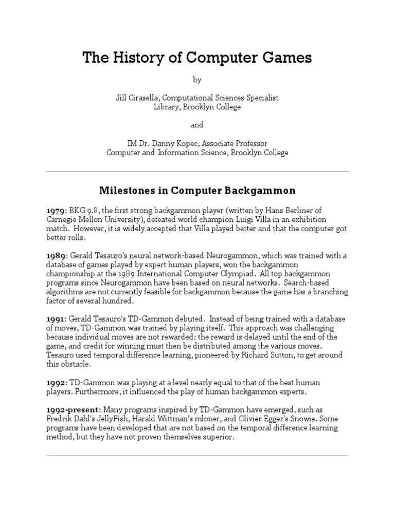 The History of Computer Games Milestones in Computer Backgammon PDF