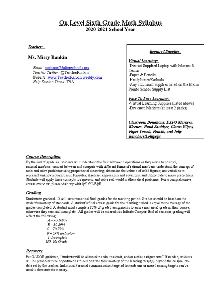 6 Math On Level Syllabus | PDF | Academic Dishonesty | Textbook