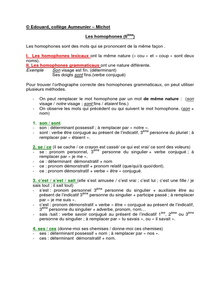Exercices Homophones Grammaticaux 6ème Pdf Cours Sur Les Homophones Classe de 6ÈME | PDF | Nombre grammatical | Pronom