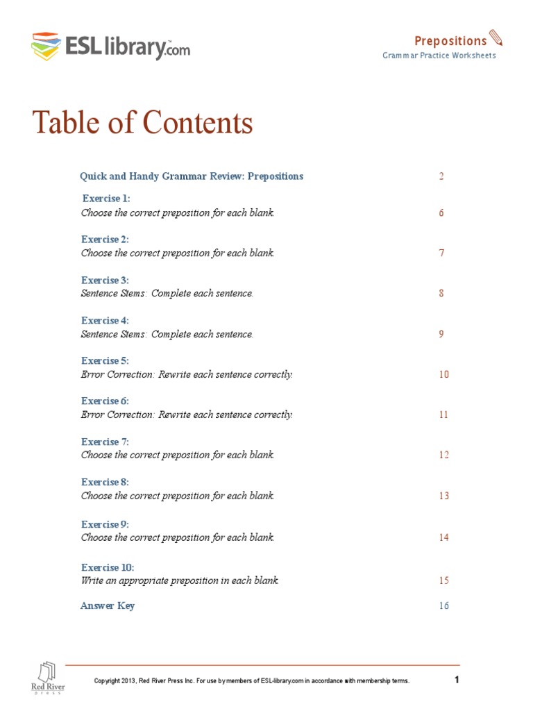 Quick And Handy Grammar Review Prepositions 2 Exercise 1 Choose The Correct Preposition For Each Blank 6 Phrase Noun