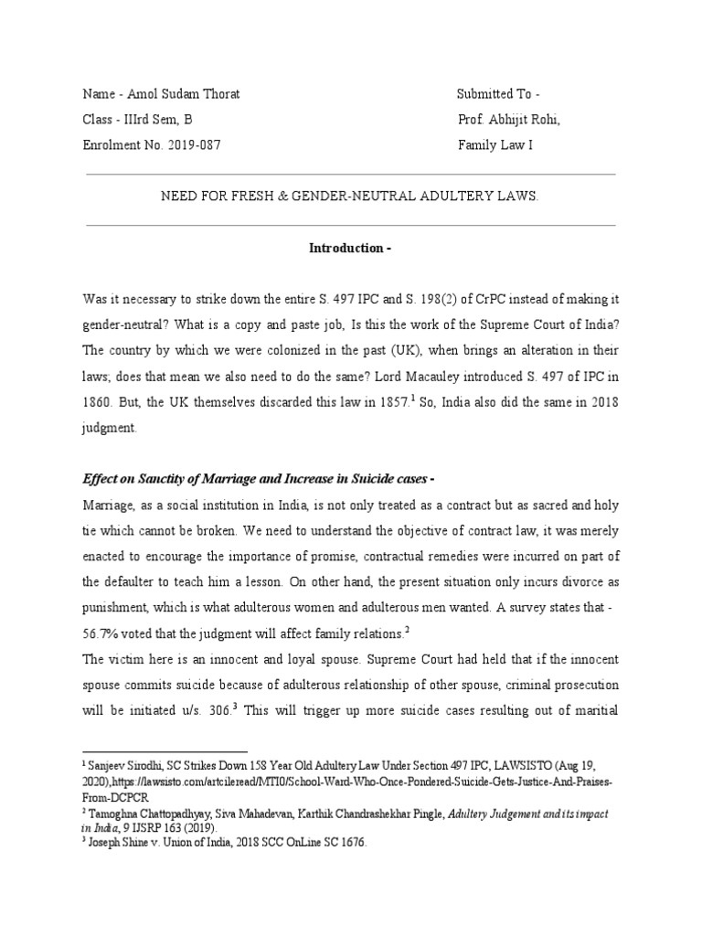 Need For FRESH and GenderNeutral Adultery Law PDF Adultery Divorce