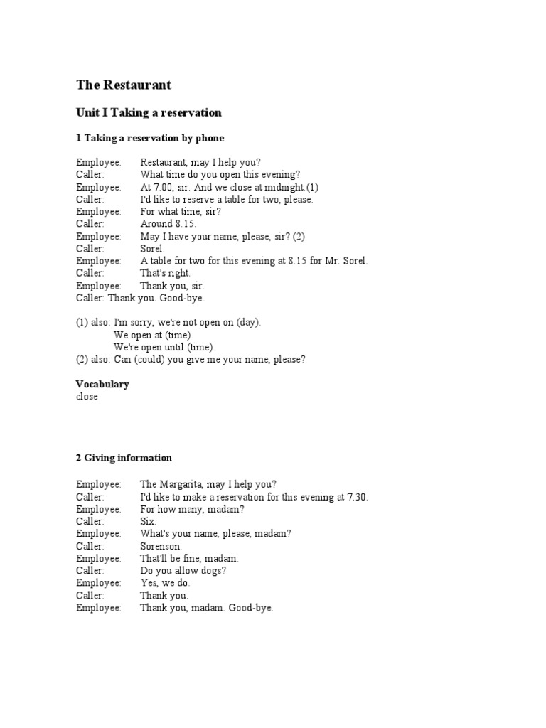 Restaurant Reservation Phone Script | PDF | Leisure | Business