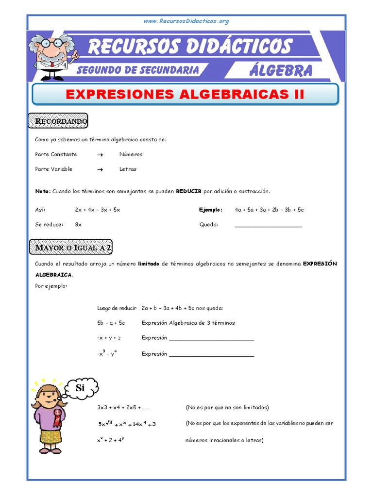 Ejercicios Con Expresiones Algebraicas para Segundo de Secundaria | PDF ...