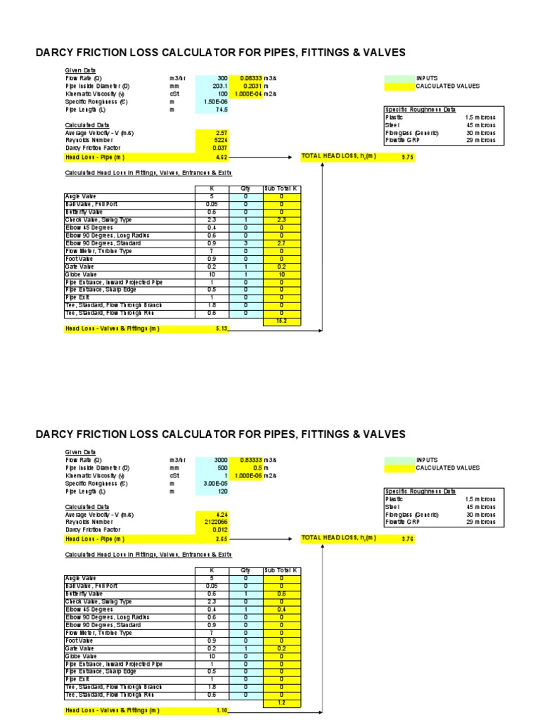 Darcy Friction Loss Calculator Guide | PDF | Valve | Hydraulic Engineering
