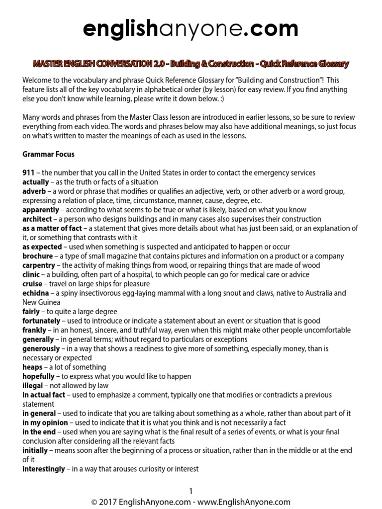 Building and Construction Quick Reference Glossary PDF PDF Nature