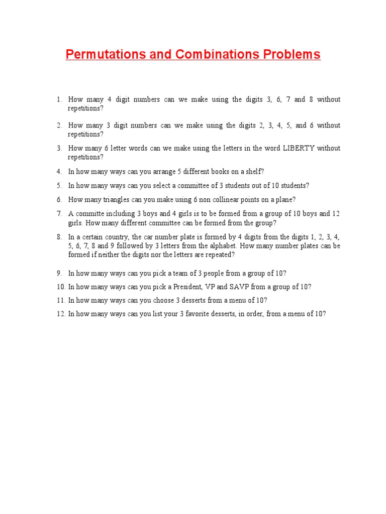 Permutations and Combinations Examples | PDF
