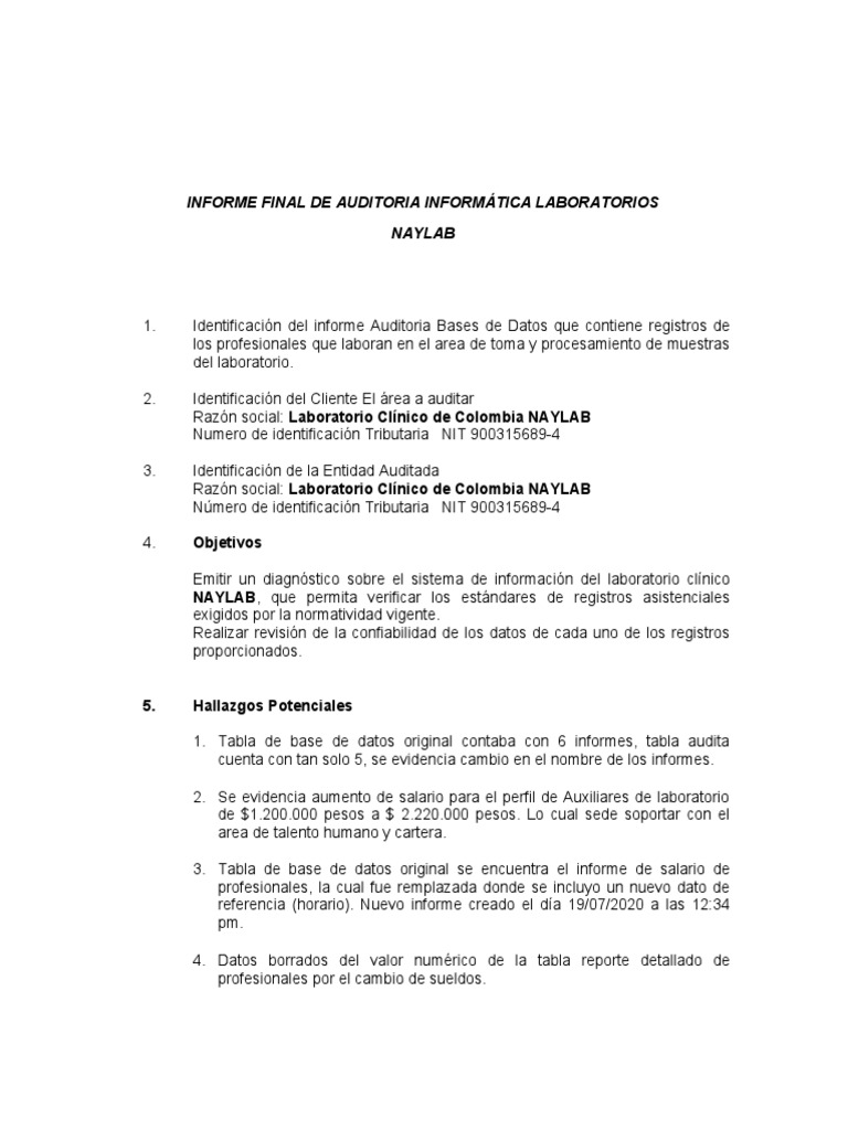 Informe Final De Auditoria Informatica Laboratorios Auditoria Salario