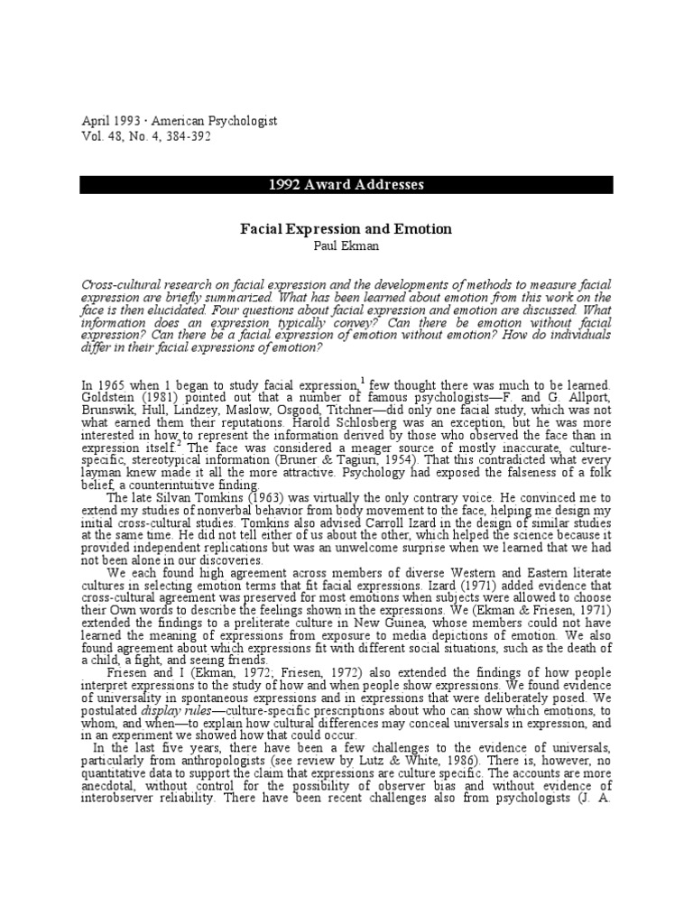 Paul Ekman Facial Expression Emotion 1993 Facial Expression