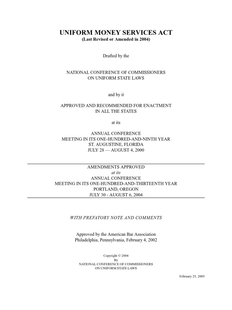 UNIFORM MONEY SERVICES ACT UMSA Final04 PDF Stored Value Card