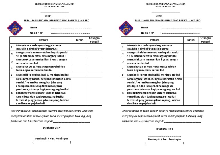 Sarat Maklumat Kepada Ibubapa Ujian Lencana Basikal