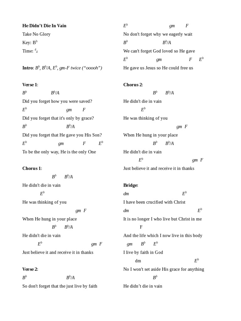 He Didnt Die in Vain Take No Glory PDF Song Structure Theology