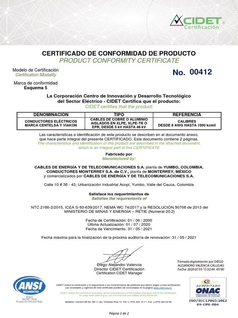 Certificado RETIE - 00412 - Cables MT XLPE Centelsa | PDF | Fuerza ...
