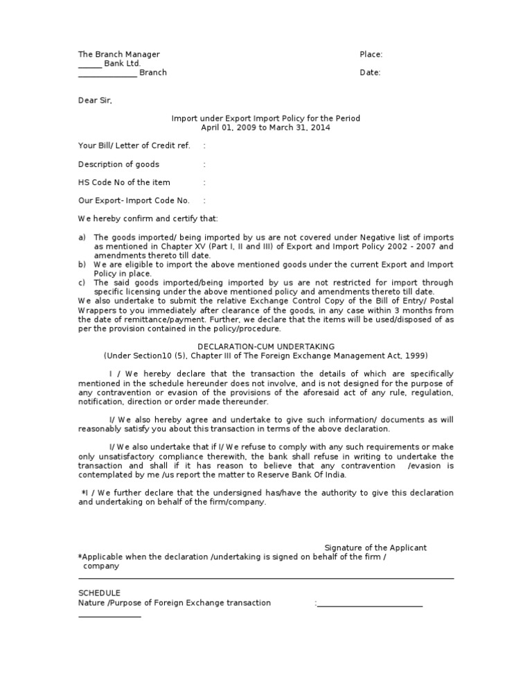 NNL Import Declaration and Undertaking | PDF | Letter Of Credit ...