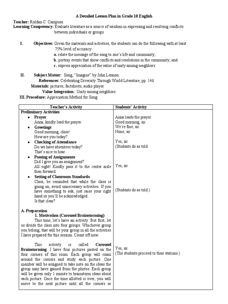 Grade 10 English Lesson Plan: "Imagine" | PDF | Brainstorming | Lesson Plan