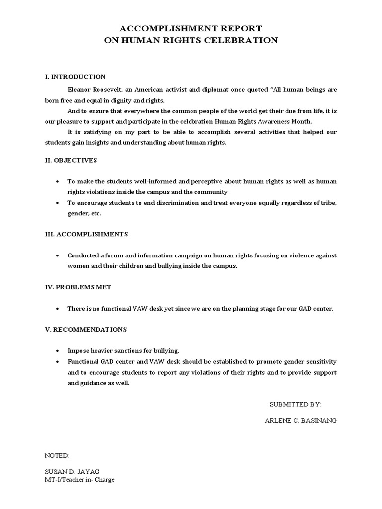 ACCOMPLISHMENT REPORT On Human Rights | PDF