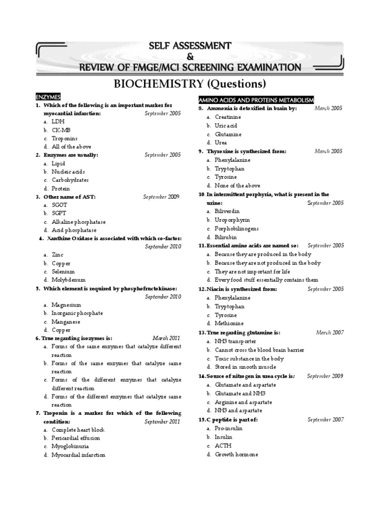 BIOCHEMISTRY (Questions) : Enzymes Amino Acids and Proteins Metabolism ...