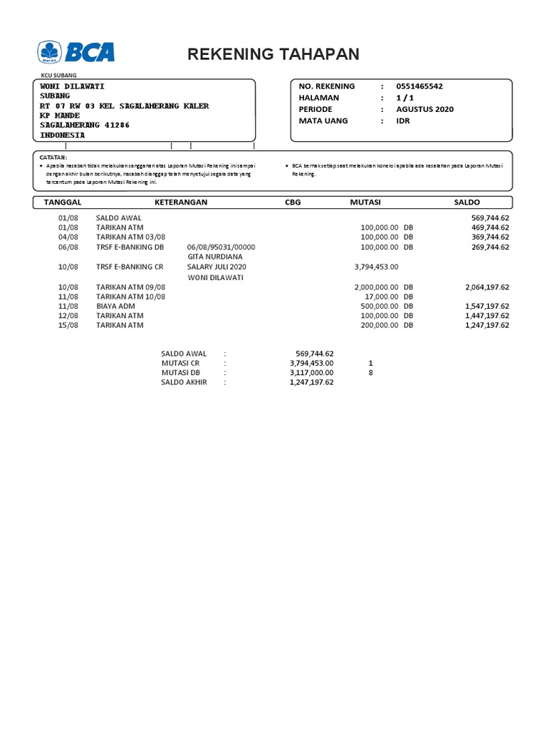 Rek Koran Bca Agustus 2020 Woni