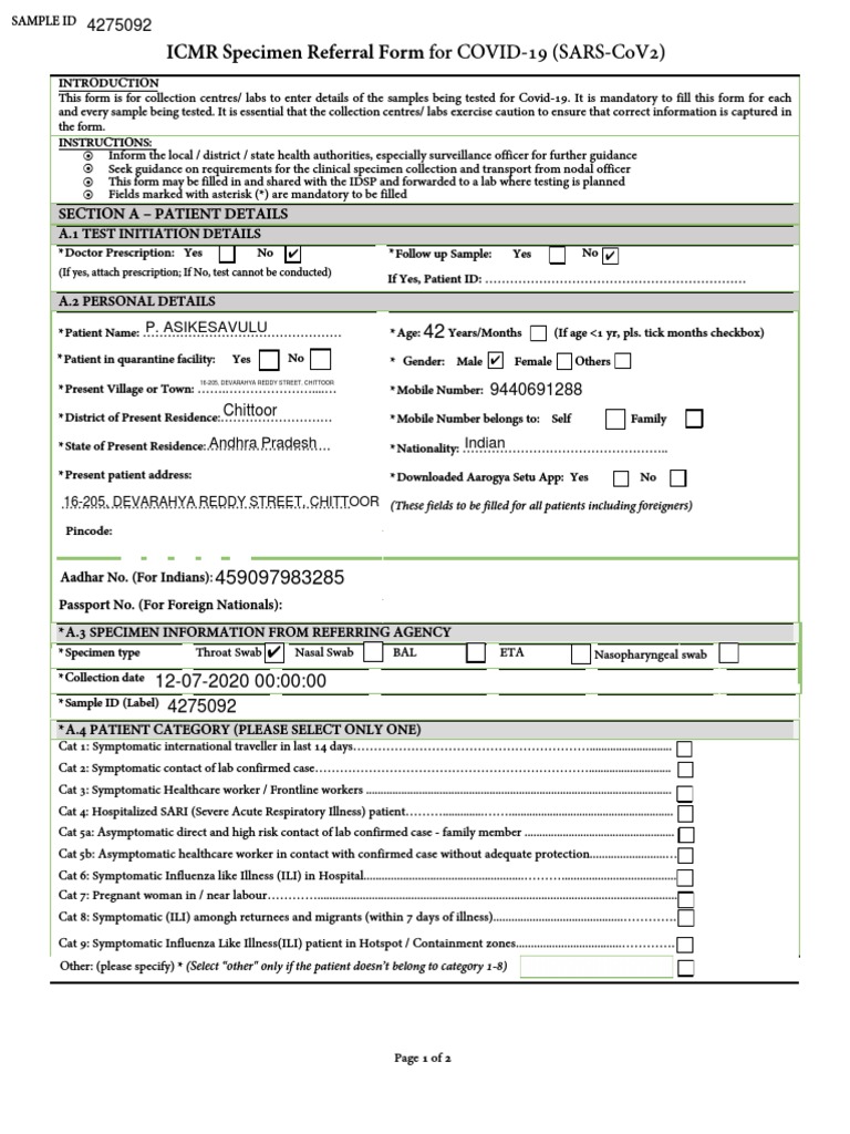 Icmr Specimen Referral Form For Covid-19 (Sars-Cov2) : Section A ...