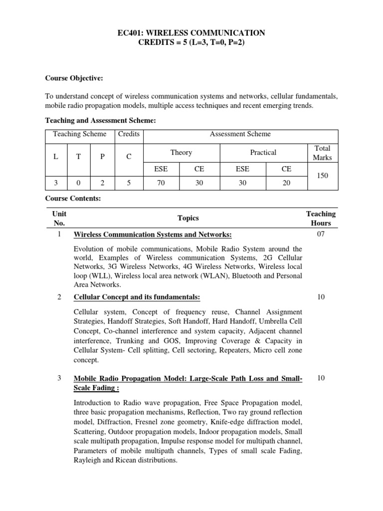 Ec401: Wireless Communication CREDITS 5 (L 3, T 0, P 2) | PDF ...