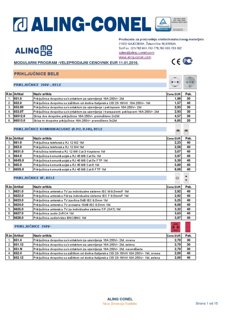 Cenovnik Aling MODE EUR 11012016 | PDF