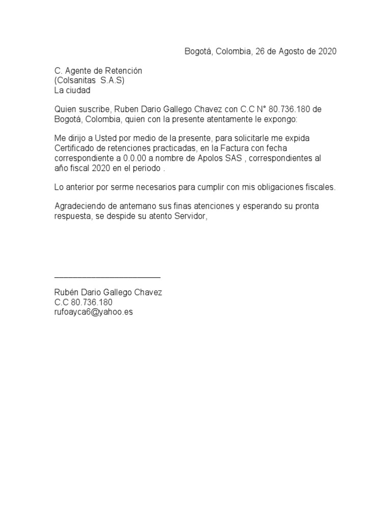 Carta Solicitud Certificados Retenciones Practicadas Bimestre X 2020 Pdf