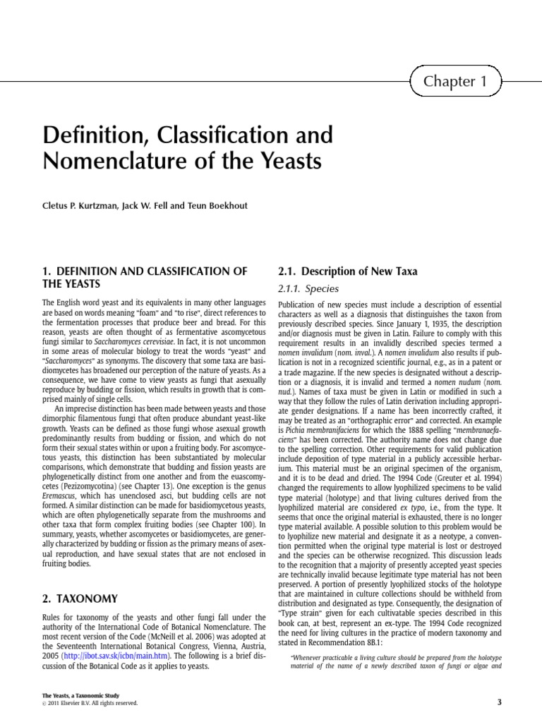 Classification and Nomenclature of Yeasts PDF Yeast Species