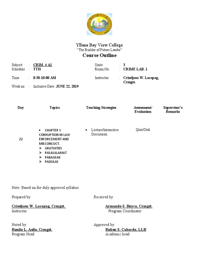 Yllana Bay View College Course Outline | PDF | Science & Mathematics