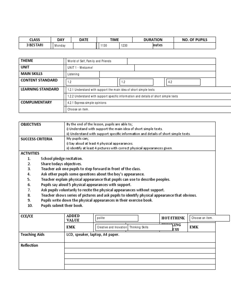 Example of Daily Lesson Plan English Year 3 (Listening) | PDF | Lesson ...