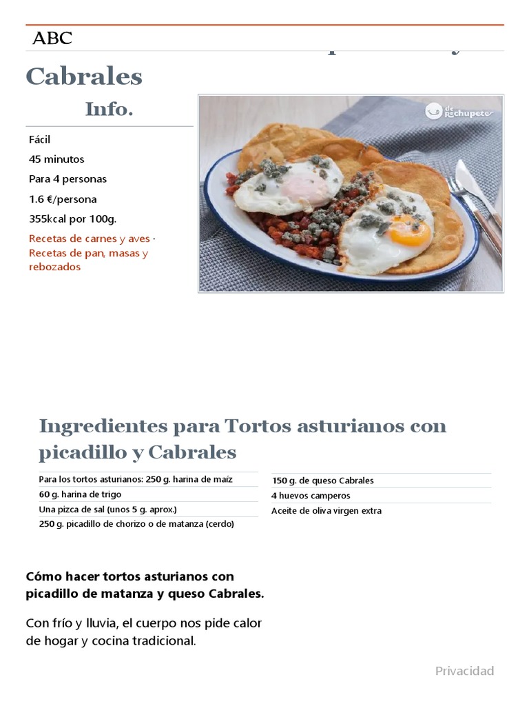 Tortos Asturianos Con Picadillo y Cabrales - Recetas de Rechupete - Recetas  de Cocina Caseras y Fáciles | PDF | Cocinando | Cocina