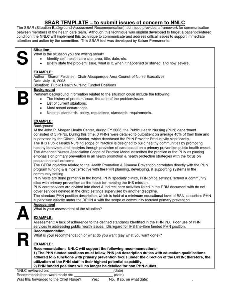 SBAR TEMPLATE - To Submit Issues of Concern To NNLC | PDF | Preventive ...