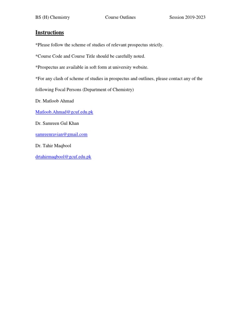 BS Chemistry 1st Semester Course Outline | PDF | Integral | Derivative