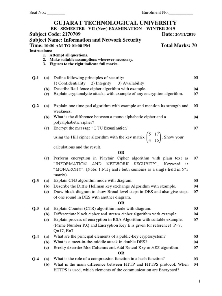 Information and Network Security Exam: Questions Covering Cryptography ...