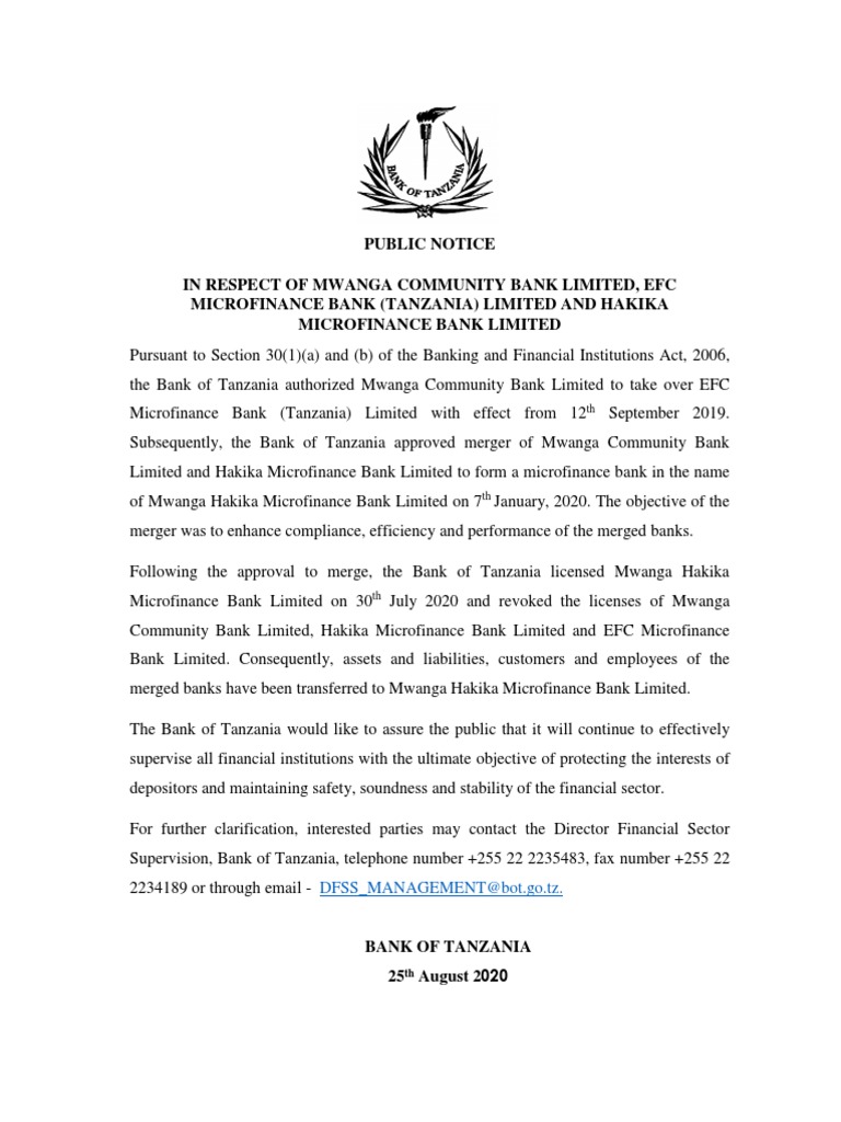Public Notice in Respect of Mwanga Community Bank Limited, Efc