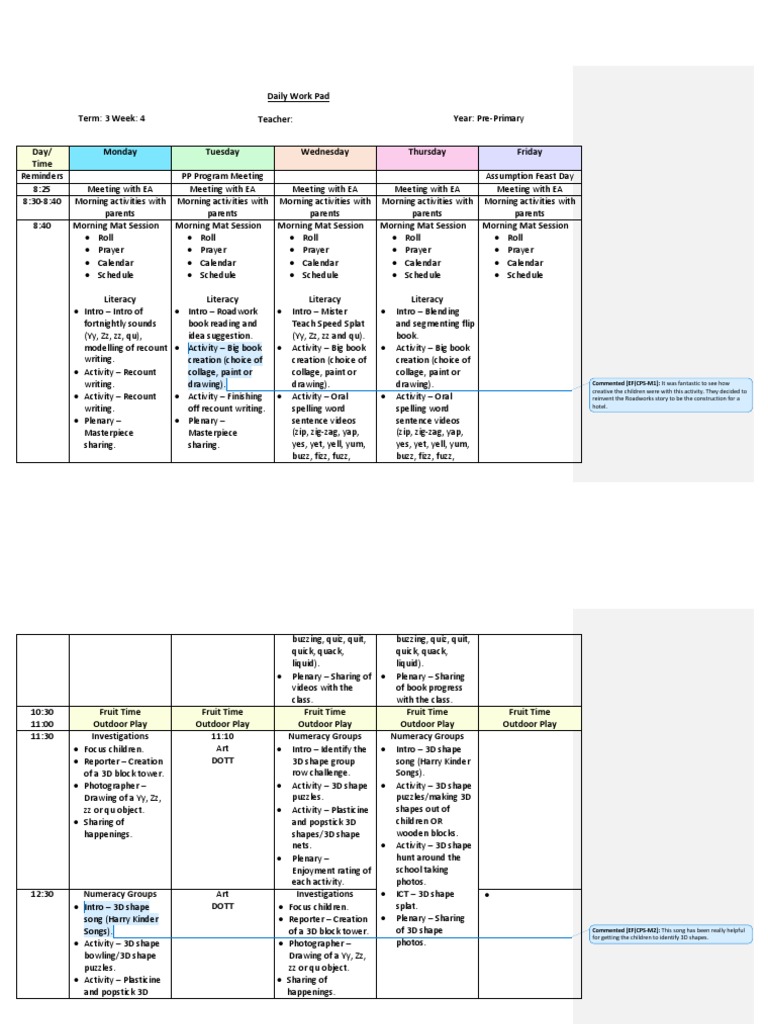 Pre-Primary Weekly Schedule | PDF