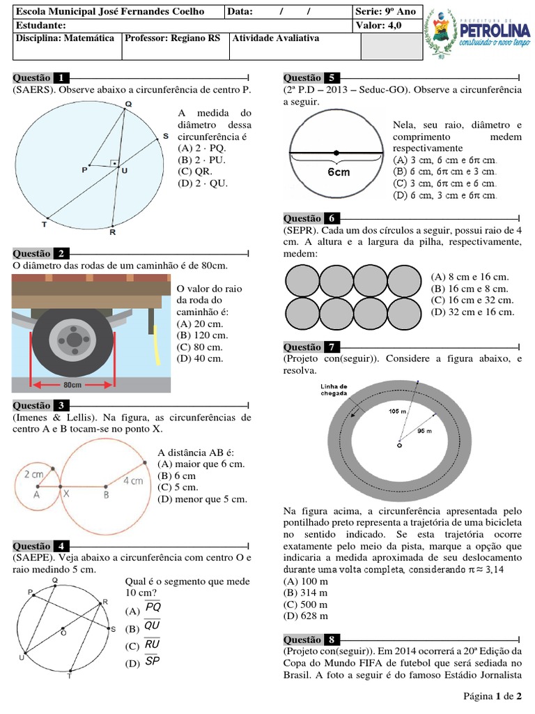 Atividade 9º Ano | PDF | Círculo | Geometria